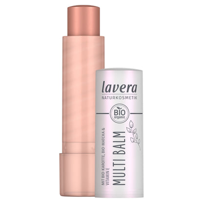 Lavera Natural Multi Balm stick Sundown Gold shown with its cap removed, revealing a pinkish-beige balm stick with a metallic rose-pink cap, next to its white and silver cap.