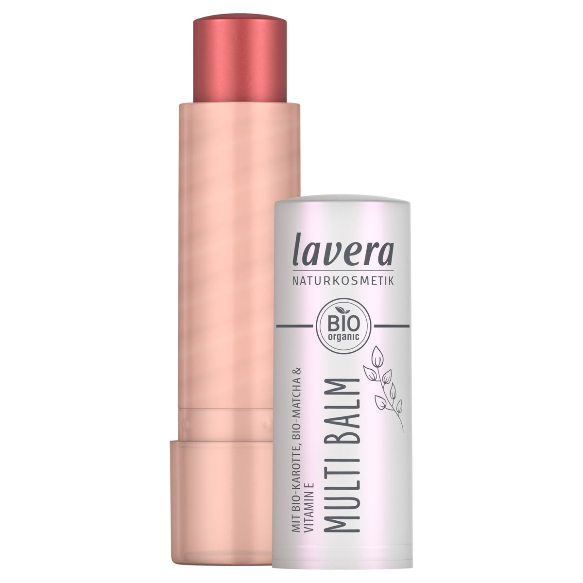 Lavera Natural Multi Balm stick Sunrise Rosé shown with its cap removed, revealing a pinkish-beige balm stick with a metallic rose-pink cap, next to its white and silver cap.