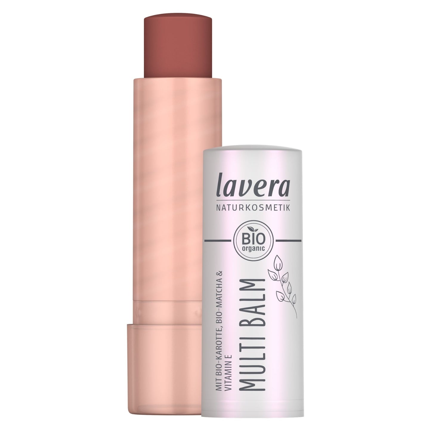 Lavera Multi Balm lip balm featuring a rose gold stick with a mauve-brown  "Sunset Red" balm stick and a white/silver foil canister, on a plain white background.