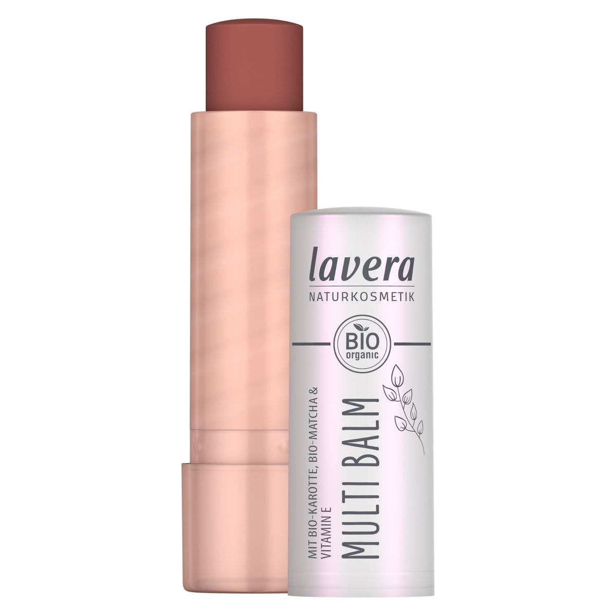 Lavera Multi Balm lip balm featuring a rose gold stick with a mauve-brown  "Sunset Red" balm stick and a white/silver foil canister, on a plain white background.