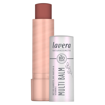 Lavera Multi Balm lip balm featuring a rose gold stick with a mauve-brown  "Sunset Red" balm stick and a white/silver foil canister, on a plain white background.