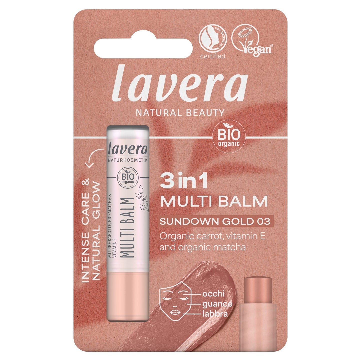 A single stick of Lavera 3-in-1 Multi Balm in the Sundown Gold 03 shade, mounted on its original retail blister card packaging. The packaging features a dusty rose and brown gradient background with white text and certification logos.