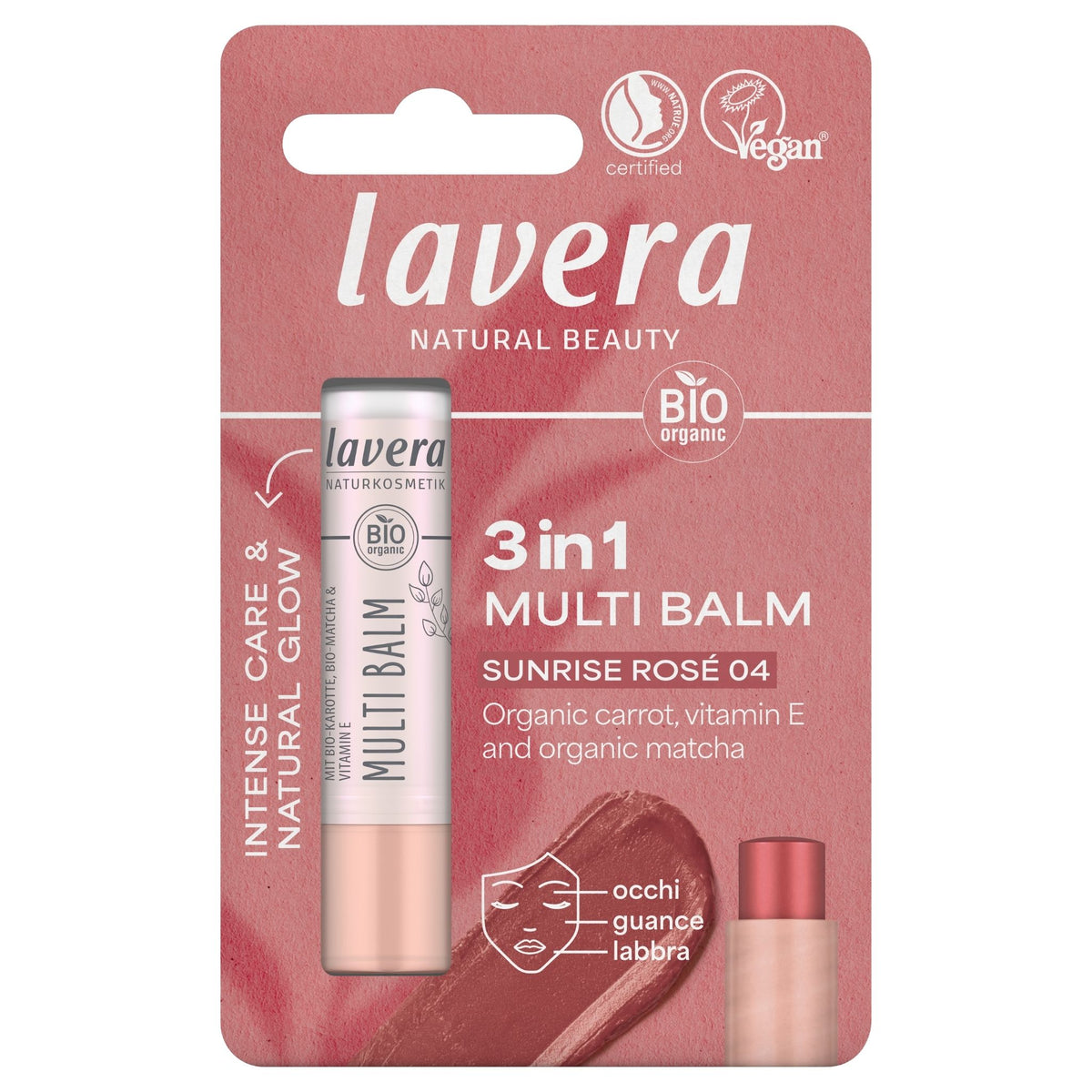 A single stick of Lavera 3-in-1 Multi Balm in 'Sunrise Rosé 04' shown in its original pink blister packaging. The packaging features white text and a depiction of the peach-coloured balm stick.