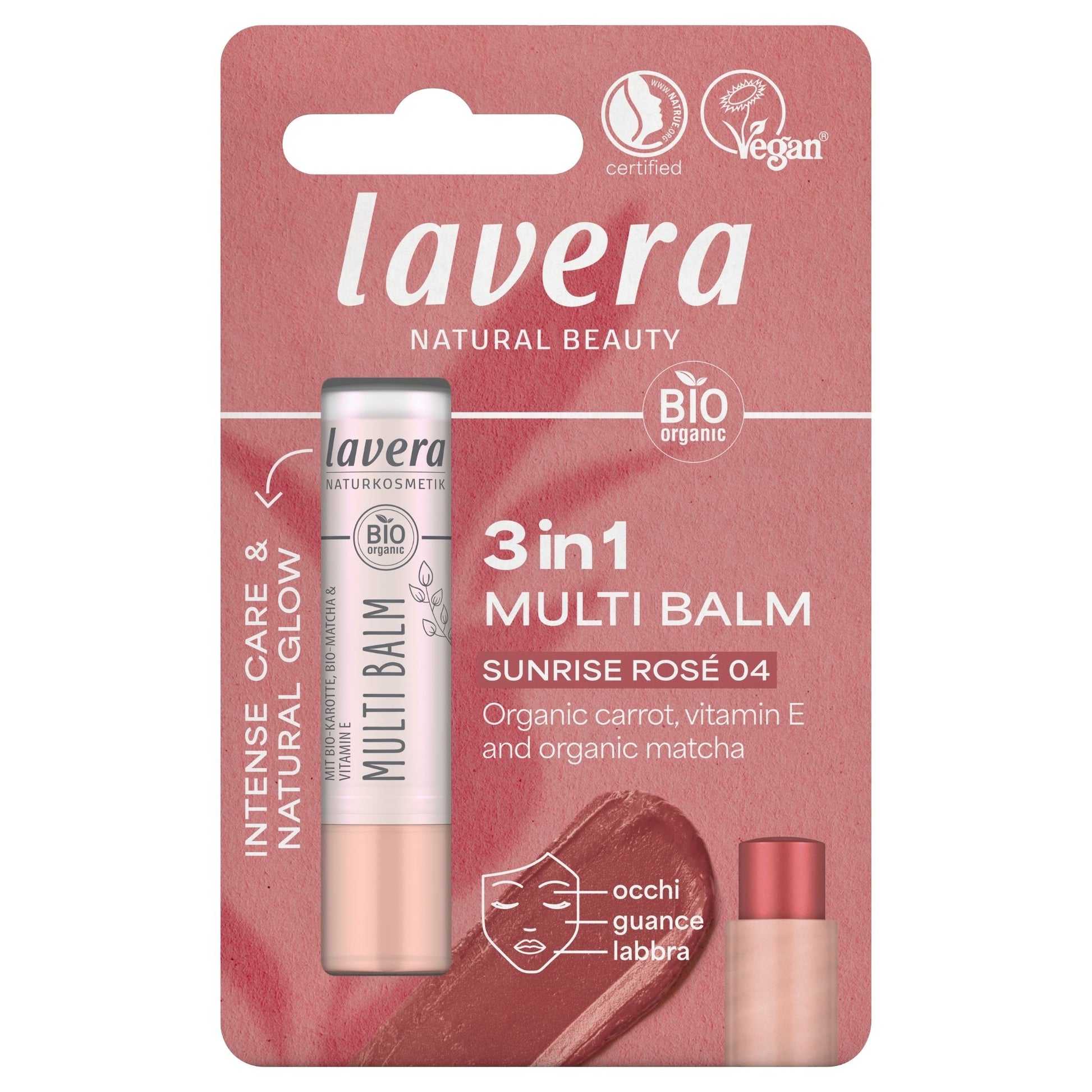 A single stick of Lavera 3-in-1 Multi Balm in 'Sunrise Rosé 04' shown in its original pink blister packaging. The packaging features white text and a depiction of the peach-coloured balm stick.