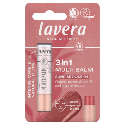 A single stick of Lavera 3-in-1 Multi Balm in 'Sunrise Rosé 04' shown in its original pink blister packaging. The packaging features white text and a depiction of the peach-coloured balm stick.