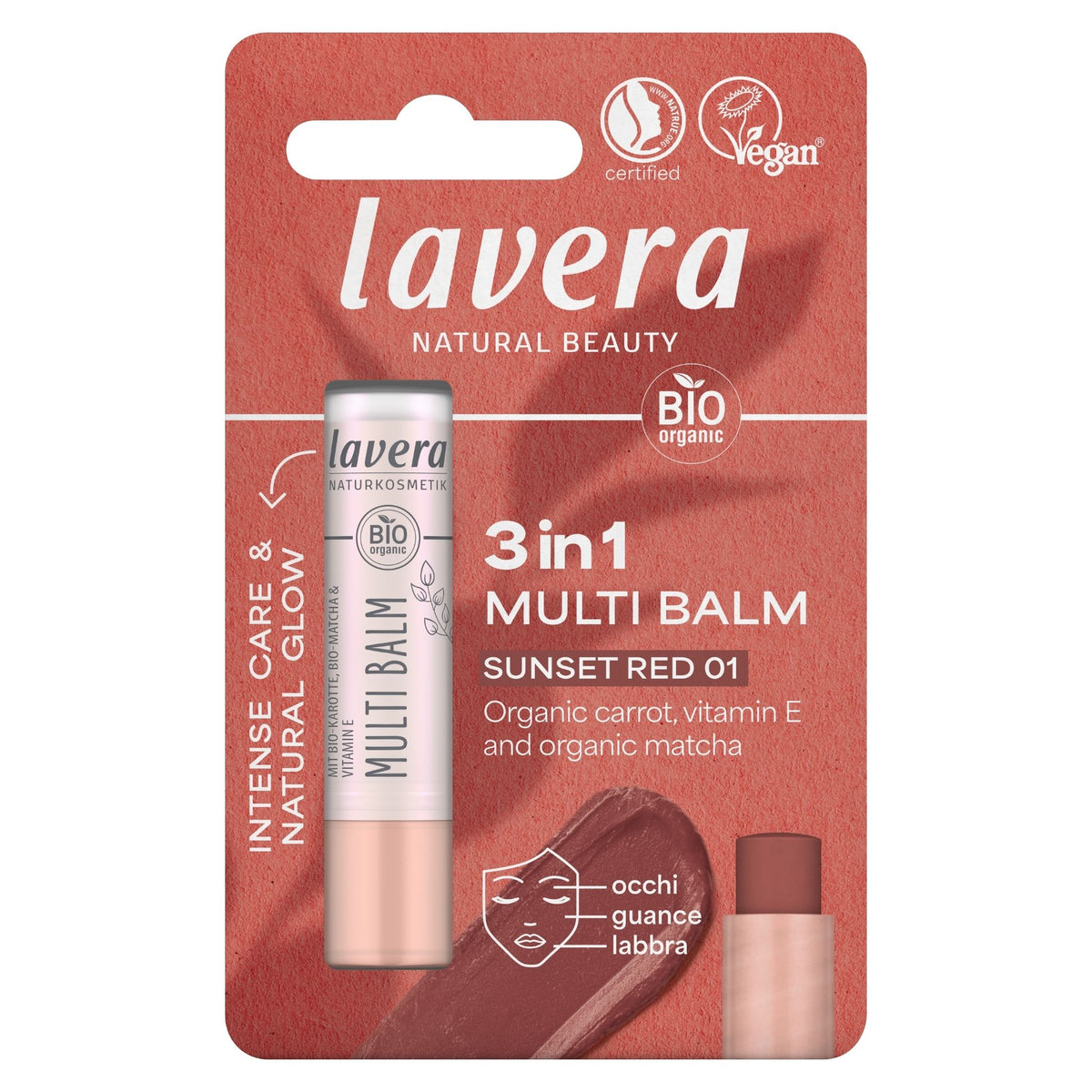 A package of Lavera Natural Beauty 3-in-1 Multi Balm in Sunset Red 01, featuring a red blister card with a single lip balm tube and a small applicator shown on a white background.