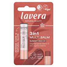 A package of Lavera Natural Beauty 3-in-1 Multi Balm in Sunset Red 01, featuring a red blister card with a single lip balm tube and a small applicator shown on a white background.