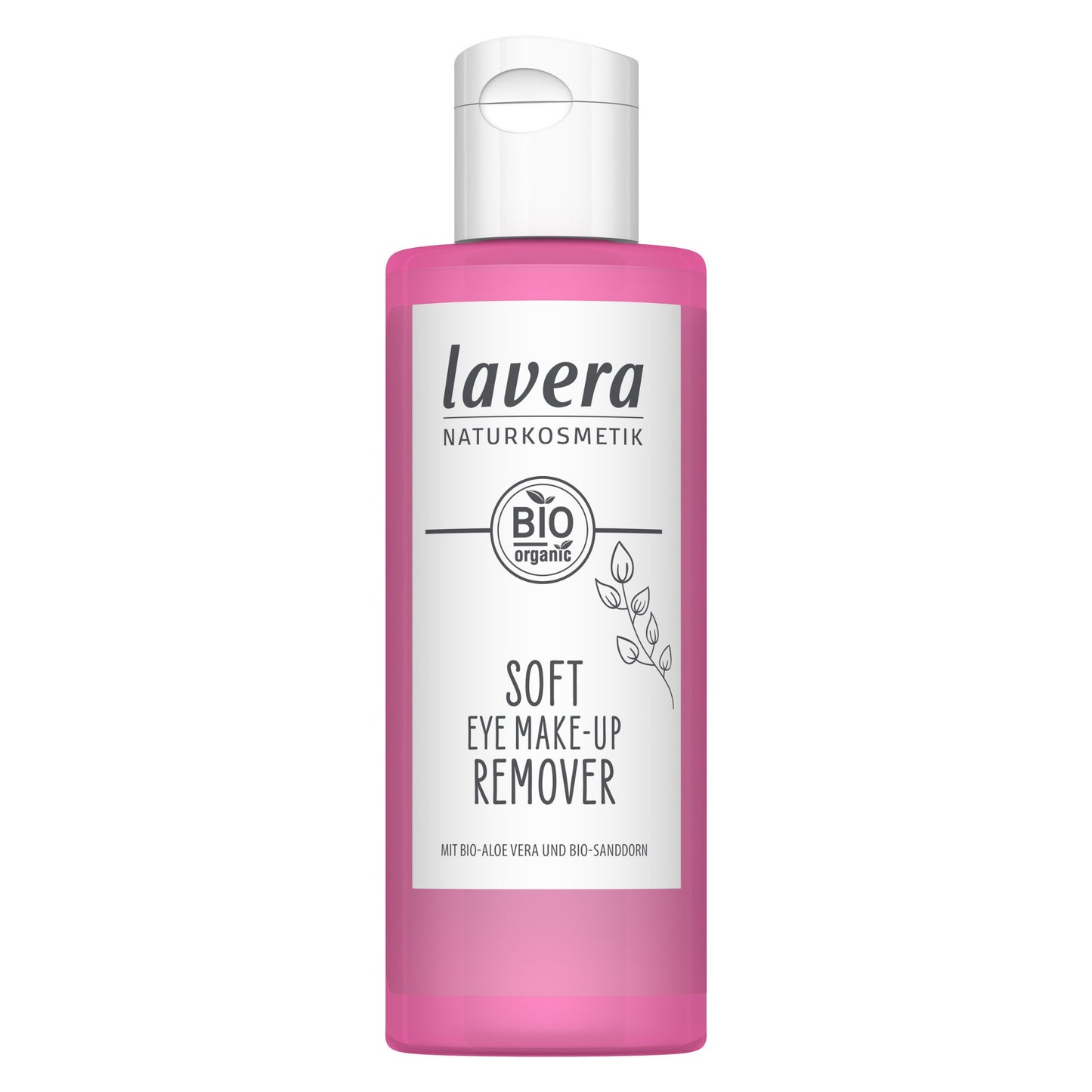A bottle of Lavera Soft Eye Make-up Remover with a translucent pink body and a white cap, shown on a plain white background.
