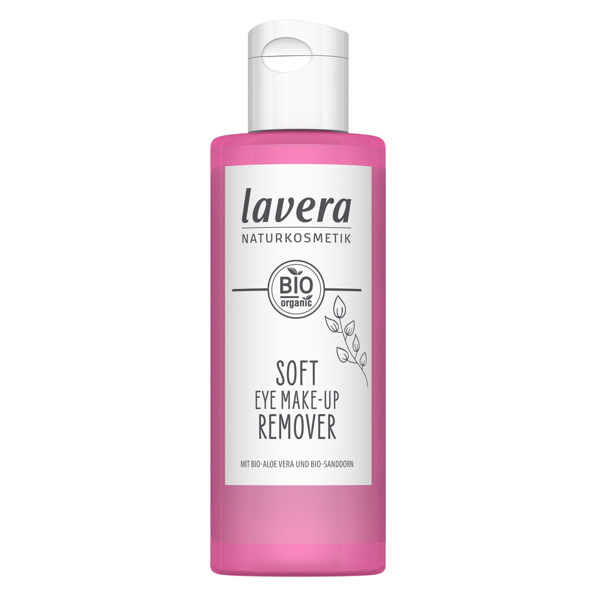 A bottle of Lavera Soft Eye Make-up Remover with a translucent pink body and a white cap, shown on a plain white background.