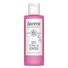 A bottle of Lavera Soft Eye Make-up Remover with a translucent pink body and a white cap, shown on a plain white background.