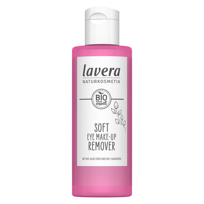 A bottle of Lavera Soft Eye Make-up Remover with a translucent pink body and a white cap, shown on a plain white background.