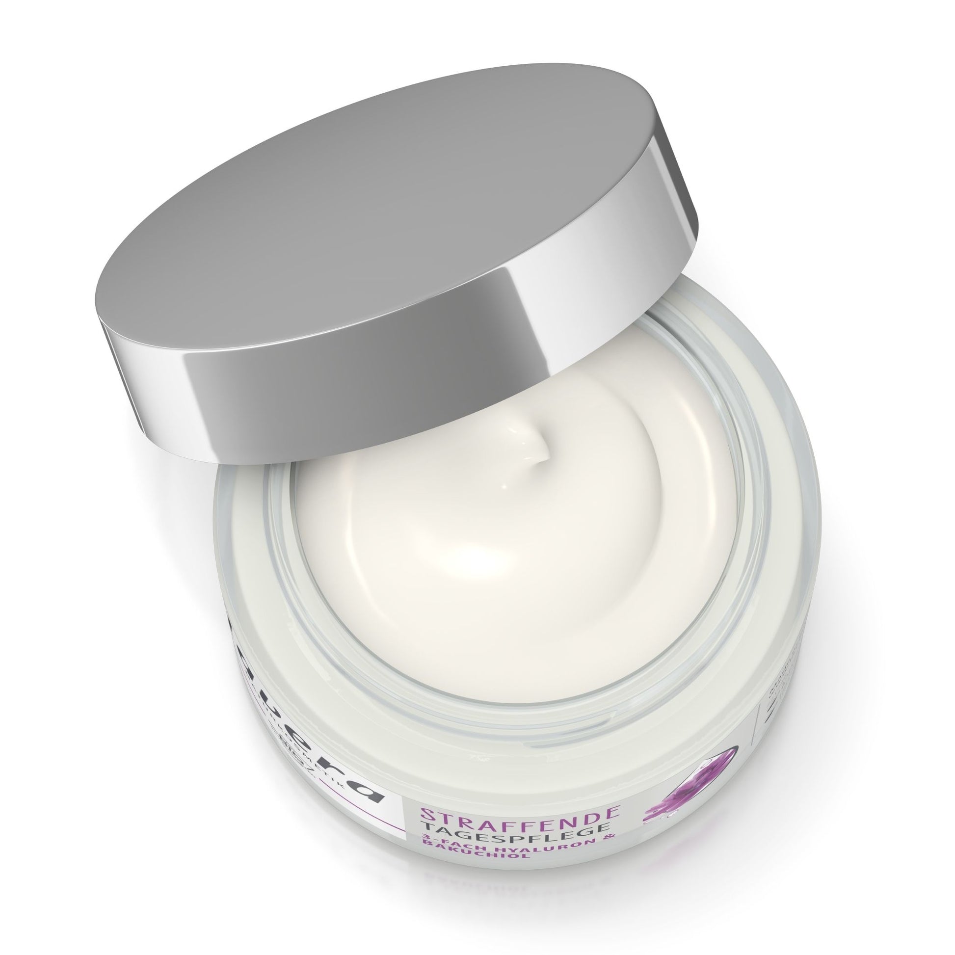 An open lavera firming day cream jar containing a white cream, with a shiny silver lid resting beside it on a clean white background.