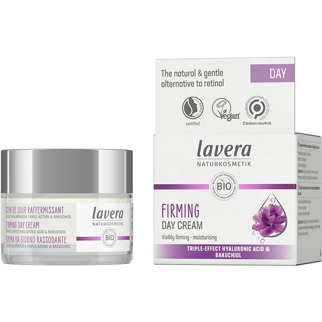 Lavera Firming Day Cream with triple effect hyaluronic acid and bakuchiol, the natural and gentle alternative to retinol in a jar and box