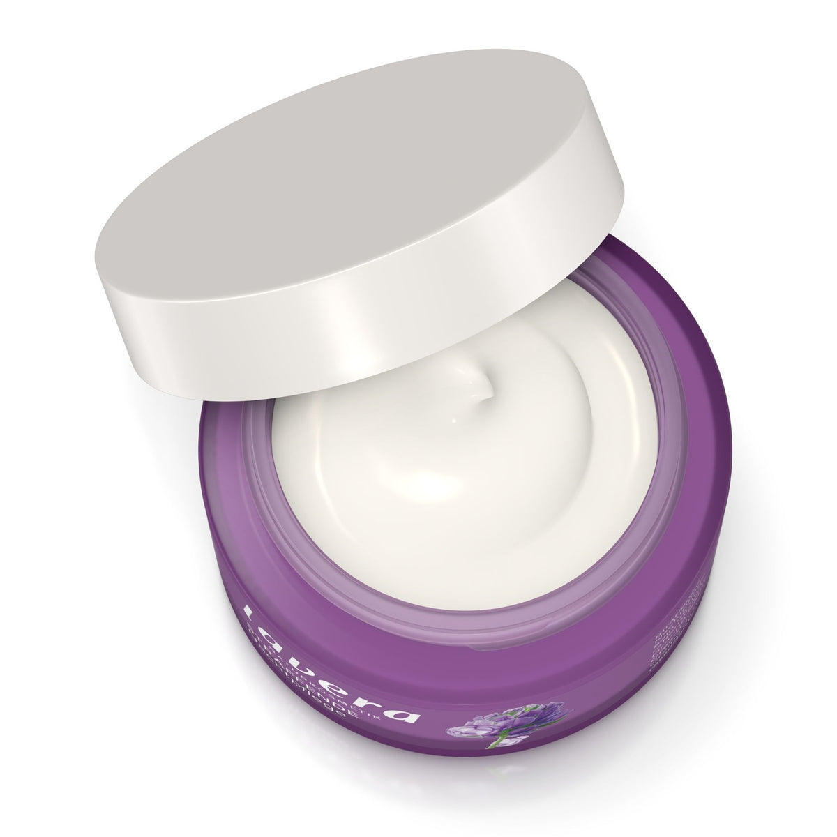 An open purple cosmetic jar filled with white cream, shown at an angle on a clean white background. The lid is propped open above the container, and the jar has visible branding text near the bottom.