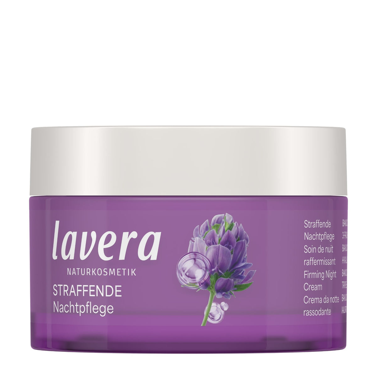 A jar of lavera Natural Beauty Firming Night Cream, featuring a purple label with a lavender flower illustration and a white lid, set against a plain white background.