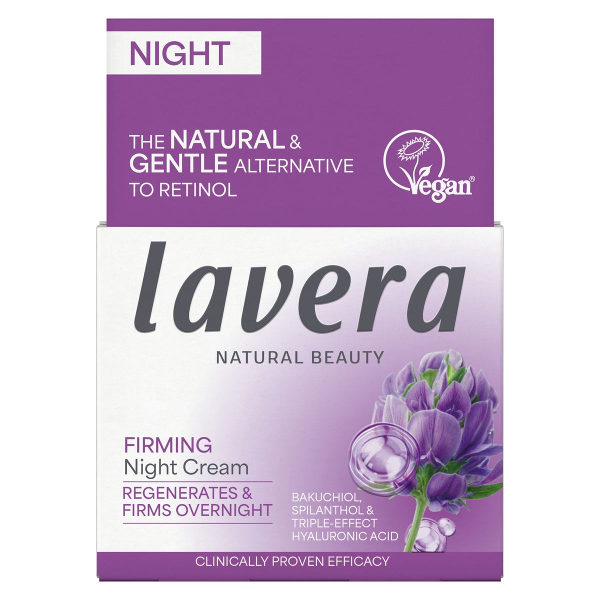 Lavera Natural Beauty Firming Night Cream in a purple and white box packaging, featuring a purple flower illustration and a 'Vegan' logo.