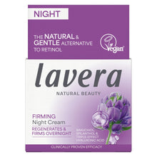 Lavera Natural Beauty Firming Night Cream in a purple and white box packaging, featuring a purple flower illustration and a 'Vegan' logo.