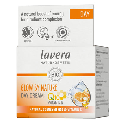 Lavera Glow By Nature Day Cream Q10 Vitamin C box packaging, featuring a white and orange design with product details and ingredient imagery.