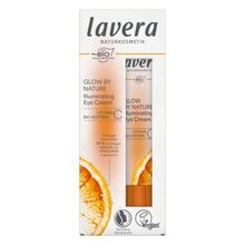 Lavera Glow by Nature Illuminating Eye Cream in a white packaging with orange slice graphic on the white background.