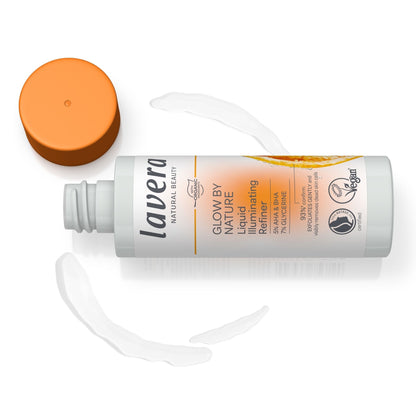 Lavera Glow by Nature Liquid Illuminating Refiner bottle with its orange cap removed, shown on a white background.