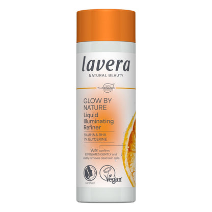 Lavera Glow By Nature Liquid Illuminating  Refiner bottle with a orange lid, on a white background.