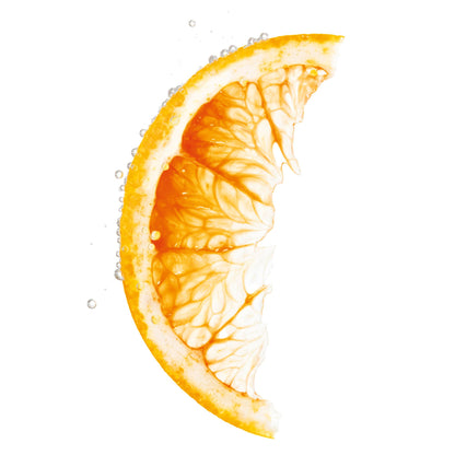 A vibrant orange slice with visible juice droplets, isolated on a solid white background.