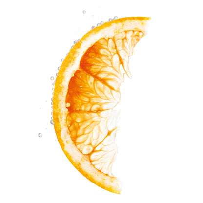A vibrant orange slice with visible juice droplets, isolated on a solid white background.