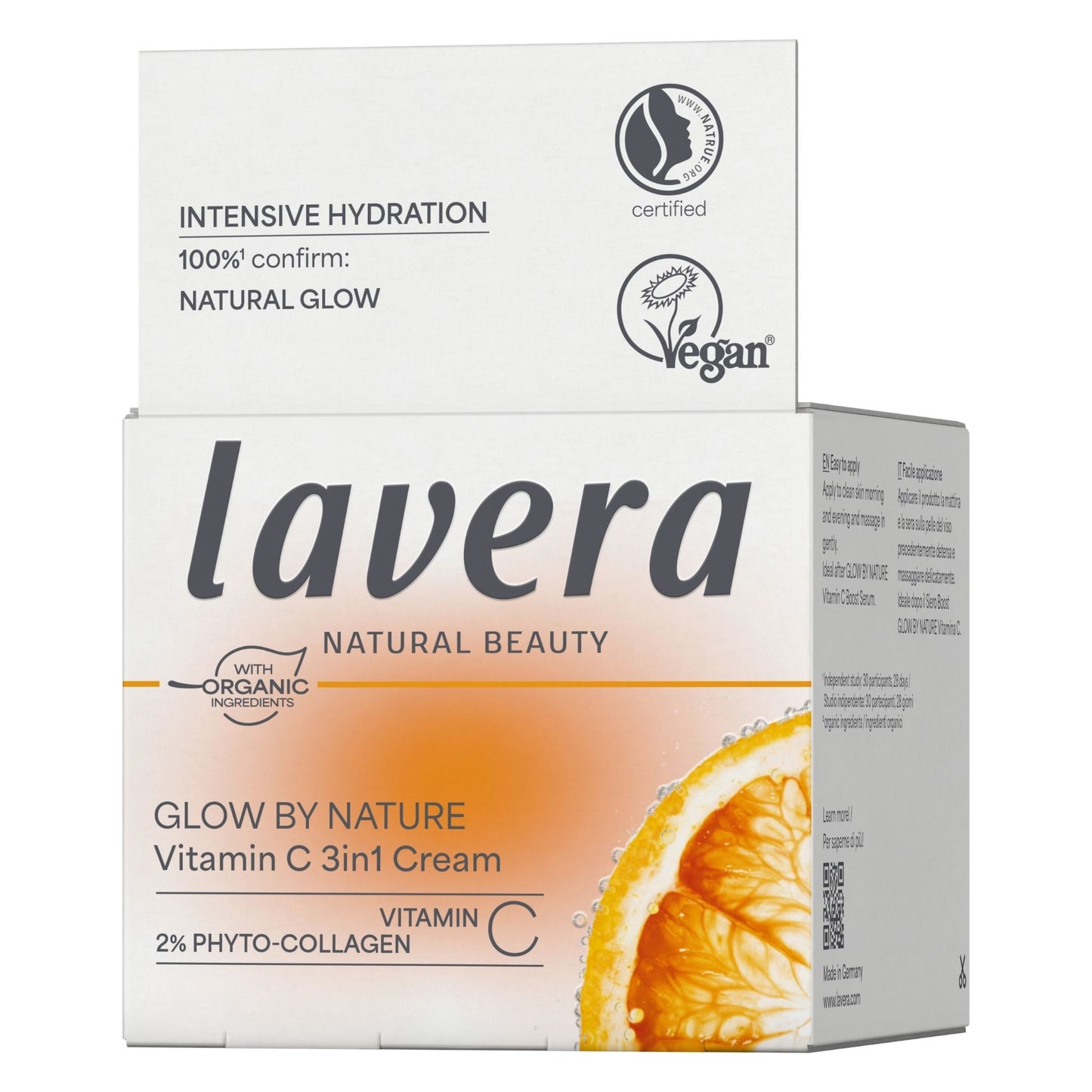 Lavera Natural Beauty Vitamin C 3-in-1 Cream packaging box, featuring a white and orange design with a citrus slice graphic and certification logos.