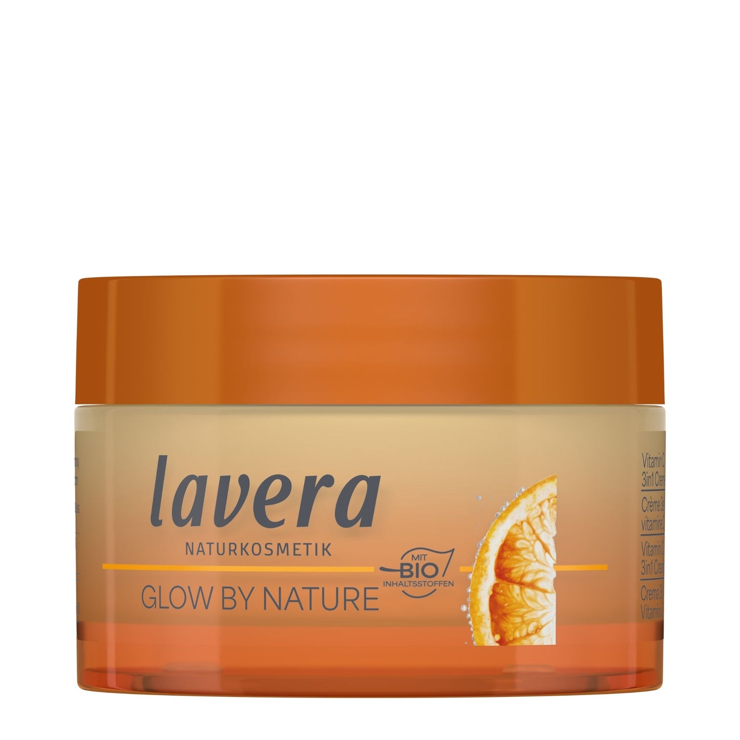 Lavera Glow by Nature brightening cream in an orange and beige jar with an orange slice graphic on the label.