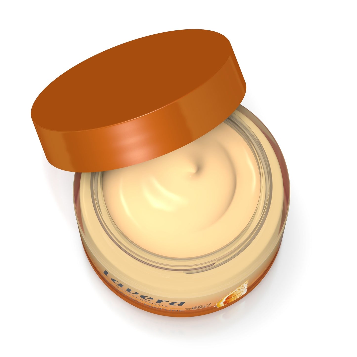 An open jar of Lavera Glow by Nature vitamin c 3 in 1 cream, showing the beige cream inside and its matching brown lid resting beside it on a white background.