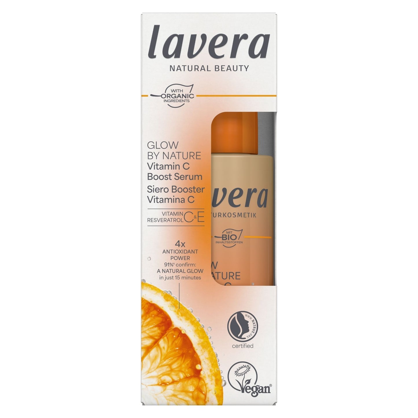Lavera Natural Beauty Glow by Nature Vitamin C Boost Serum in its retail packaging, featuring a white box with orange and beige gradient accents, a visible bottle with an orange cap, and citrus slice graphics.