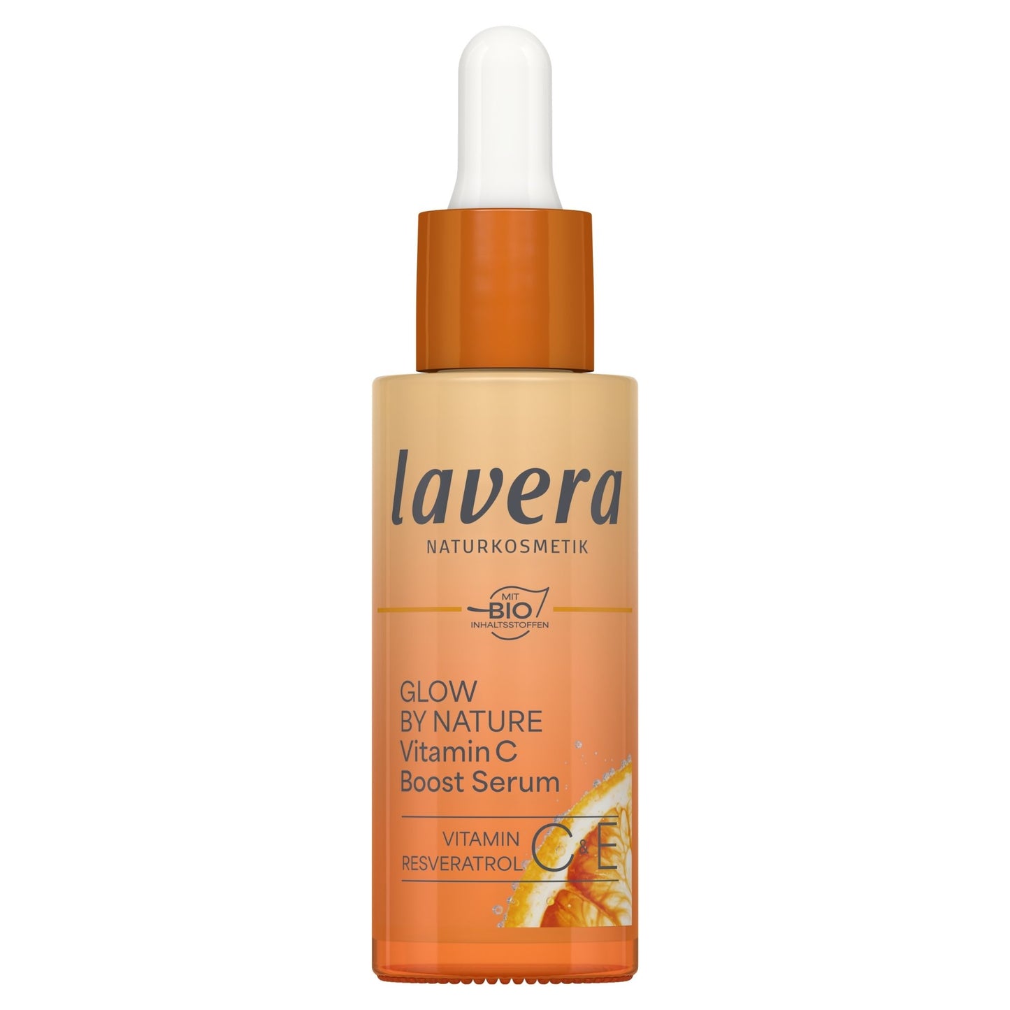 Lavera Glow by Nature Vitamin C Boost Serum in a dropper bottle, featuring a warm orange and beige gradient label with a white dropper cap.