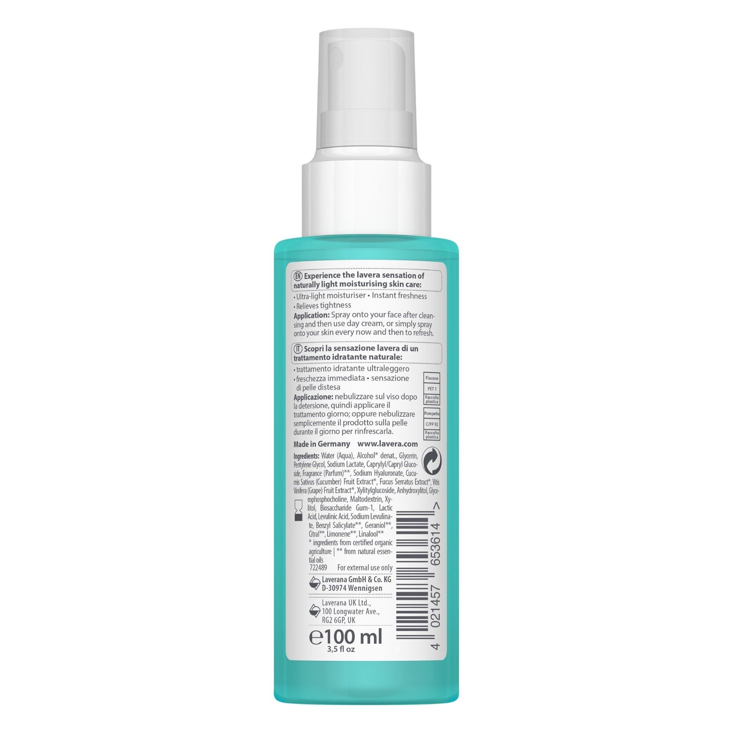 Back view of a 100 ml spray bottle with a white spray top and a translucent turquoise body, showing printed product information on a white background.
