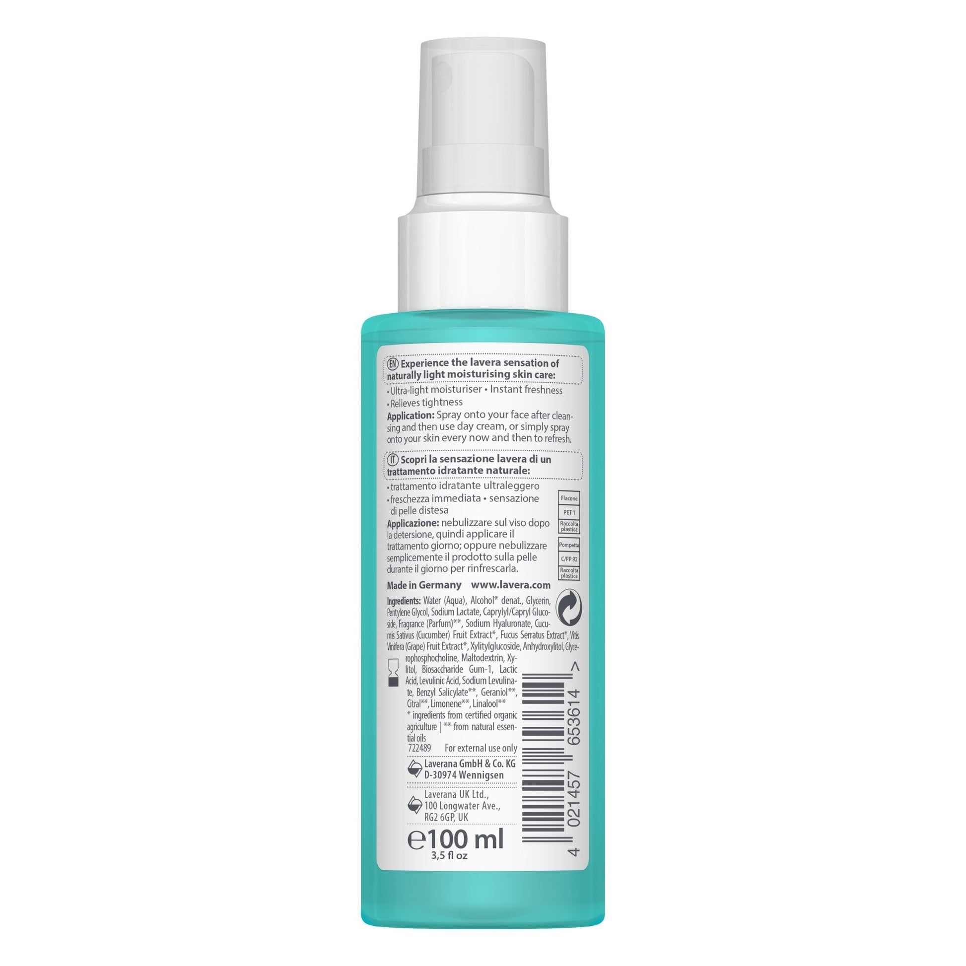 Back view of a 100 ml spray bottle with a white spray top and a translucent turquoise body, showing printed product information on a white background.