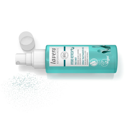 Lavera Hyalo Refresh Face Mist in a translucent turquoise bottle with a white spray nozzle and cap, shown on a white background.