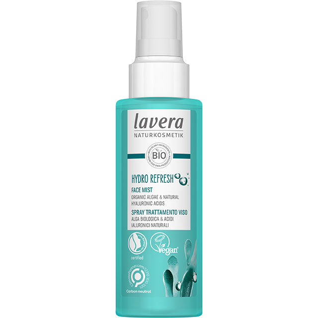Lavera Hydro Refresh Fac e Mist with organic algae and natural hyaluronic acids in a bottle made of 100% recycled  material