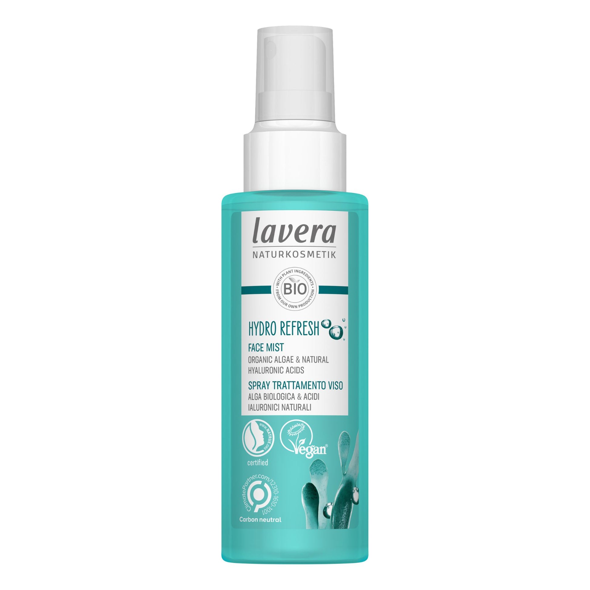 A bottle of Lavera Hydro Refresh Face Mist, featuring a turquoise and white design with a clear spray cap, set against a plain white background.