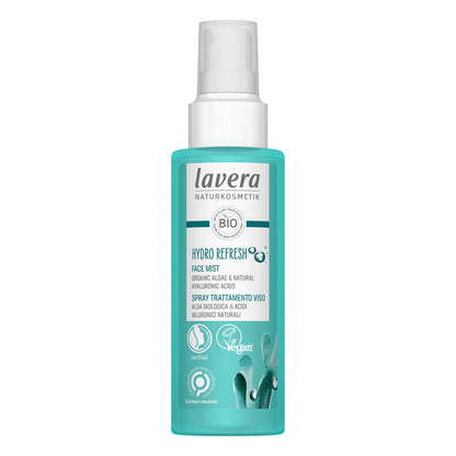 A bottle of Lavera Hydro Refresh Face Mist, featuring a turquoise and white design with a clear spray cap, set against a plain white background.