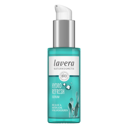 A bottle of Lavera Natural Cosmetics Hydro Refresh Serum, featuring a teal liquid visible through a clear bottle, a white and silver pump dispenser, and a white label with green botanical graphics.