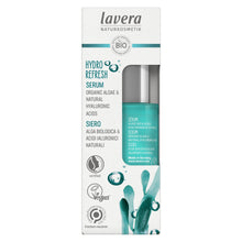 Lavera Hydro Refresh Serum in its original white and teal packaging box, featuring a clear window showing the teal bottle inside.