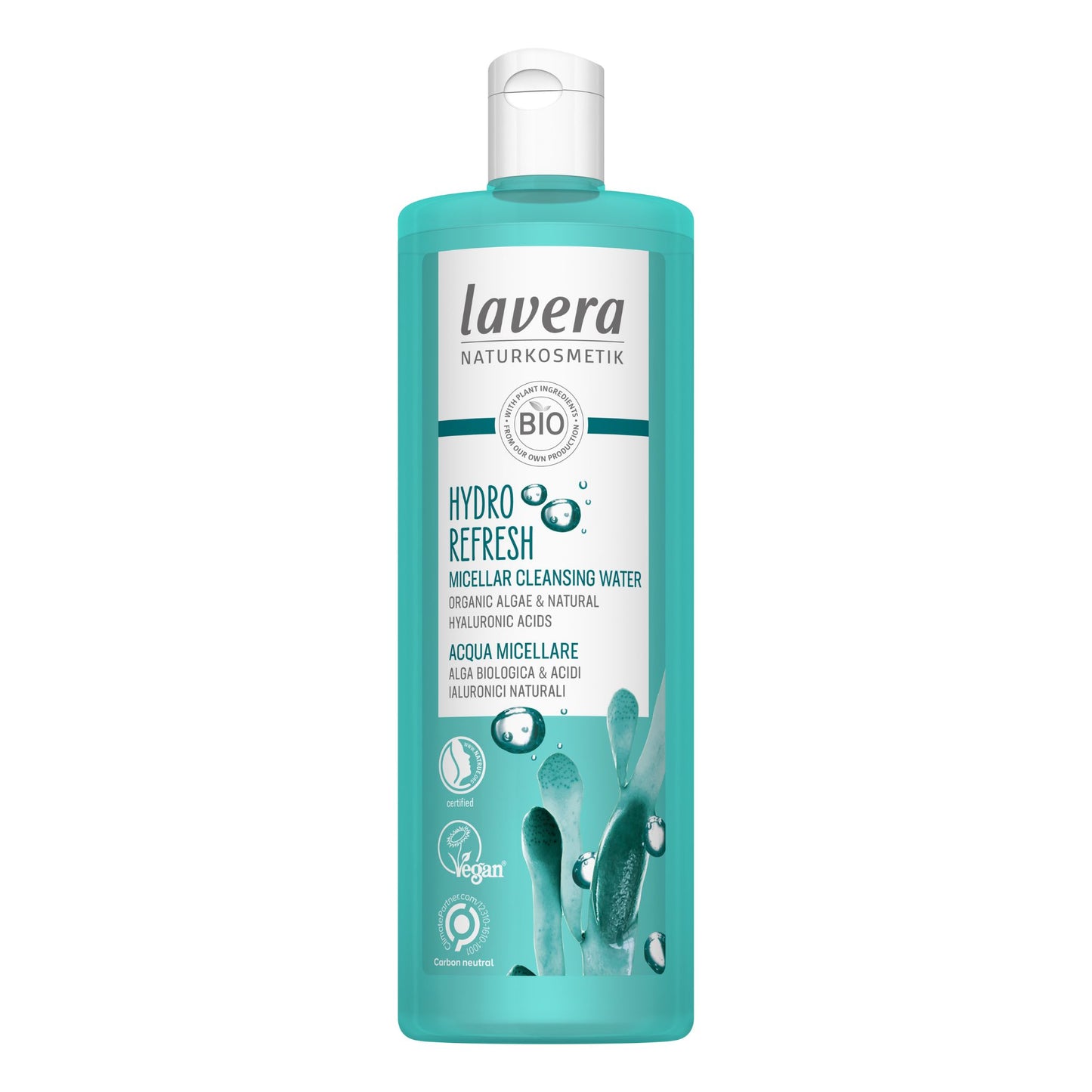Lavera hydro refresh micellar water sitting upright on a clean white background