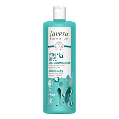Lavera hydro refresh micellar water sitting upright on a clean white background