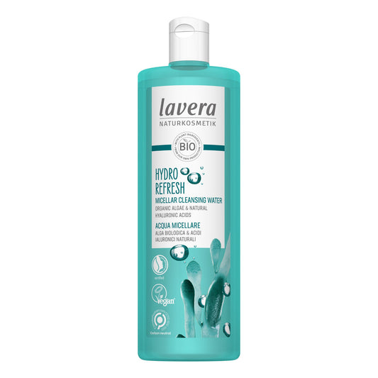 Lavera hydro refresh micellar water sitting upright on a clean white background