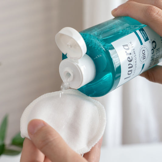 Lavera hydro refresh micellar water open and on to a cotton pad