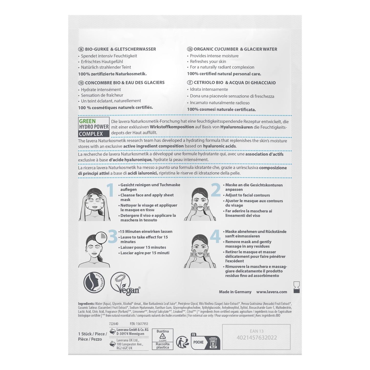 Back of Lavera Hydro Sheet Mask on a white background.