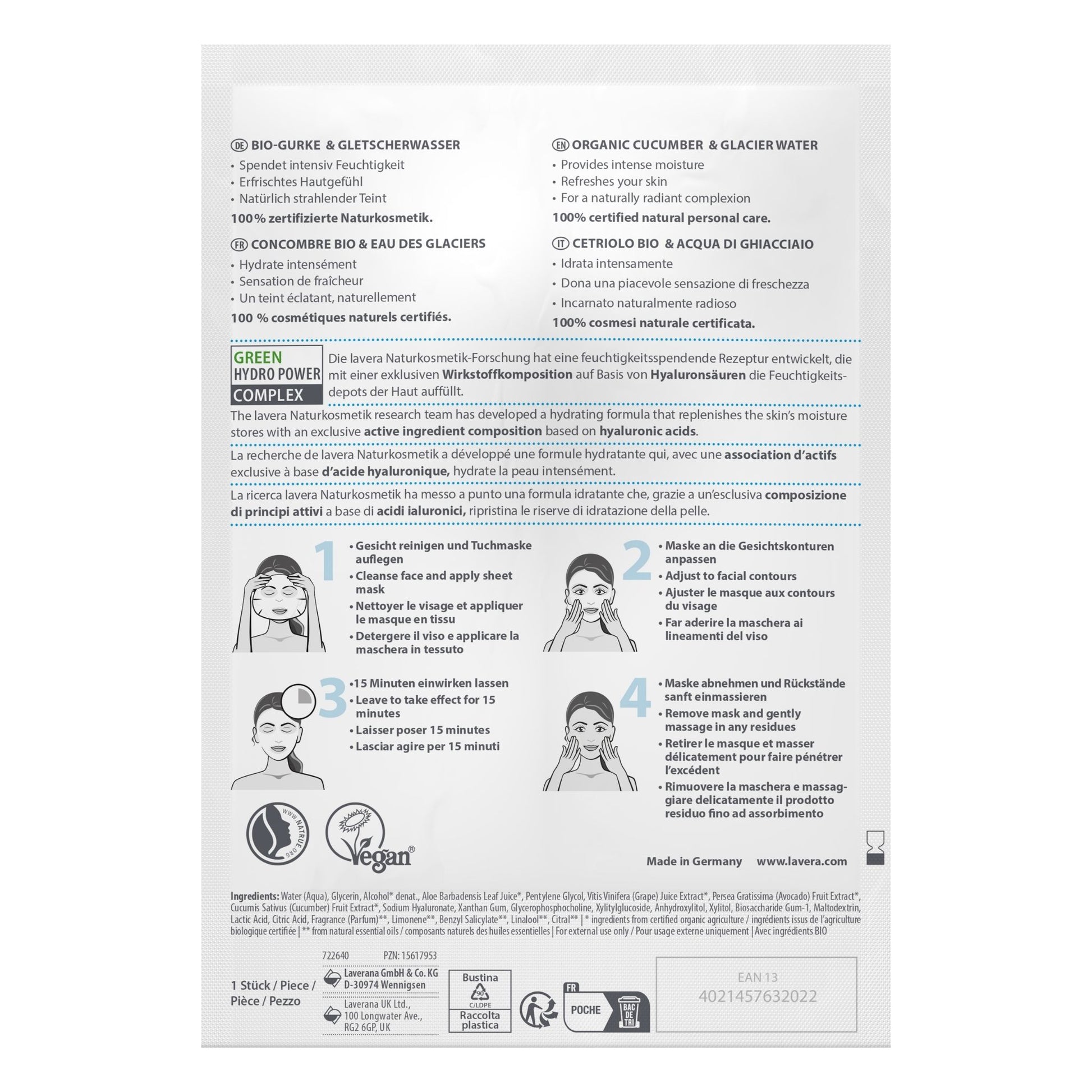 Back of Lavera Hydro Sheet Mask on a white background.