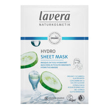 Lavera Hydro Sheet Mask. Cotton mask infused with Organic Cucumber and Glacier Water on a white background.