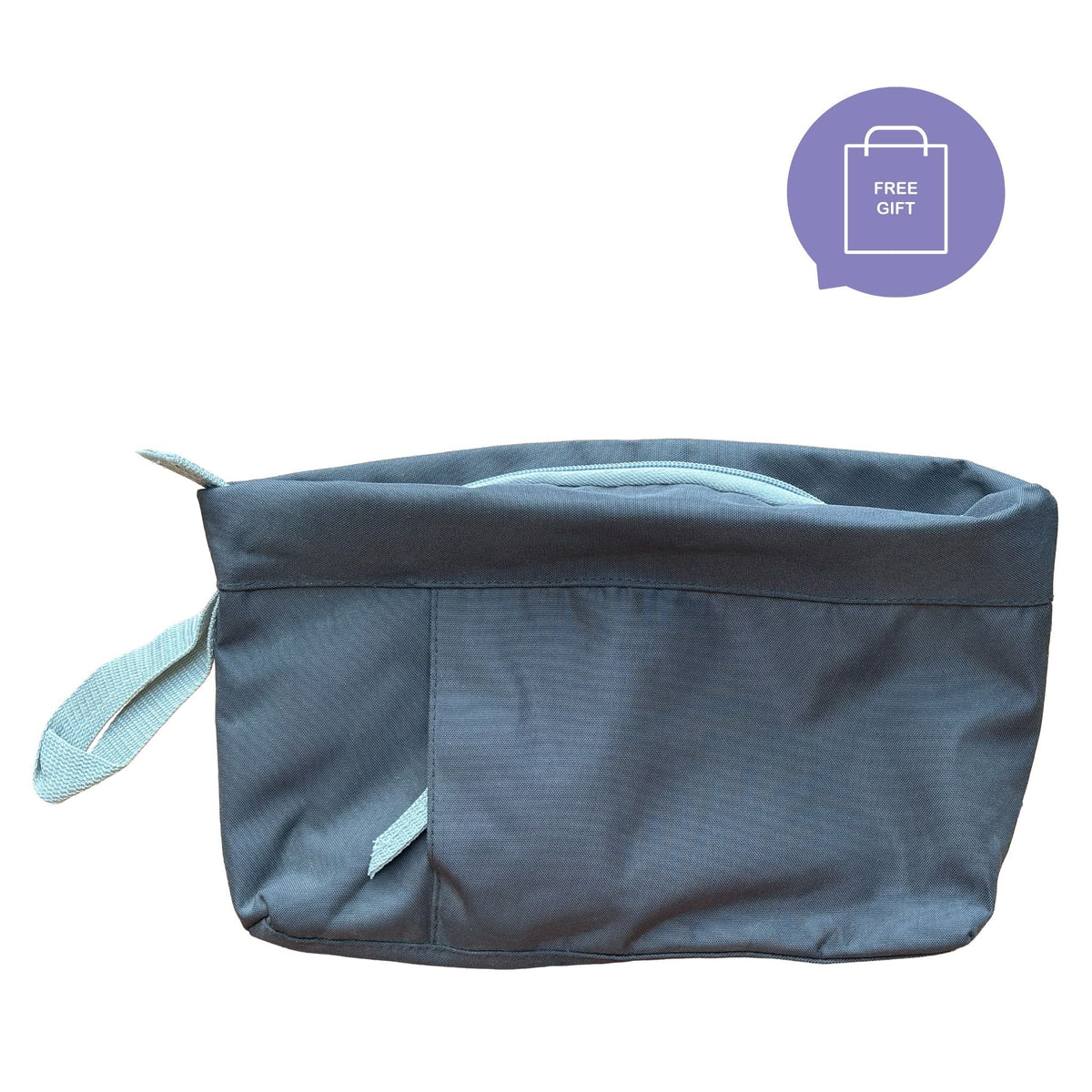 A grey zippered toiletry bag with a light blue handle and zipper trim, shown on a white background with a purple 'FREE GIFT' badge in the top right corner.