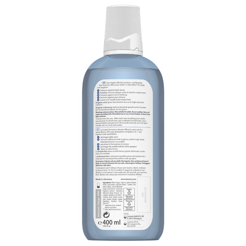 Showing the label on the back of the Lavera Mouthwash Complete Care Bottle
