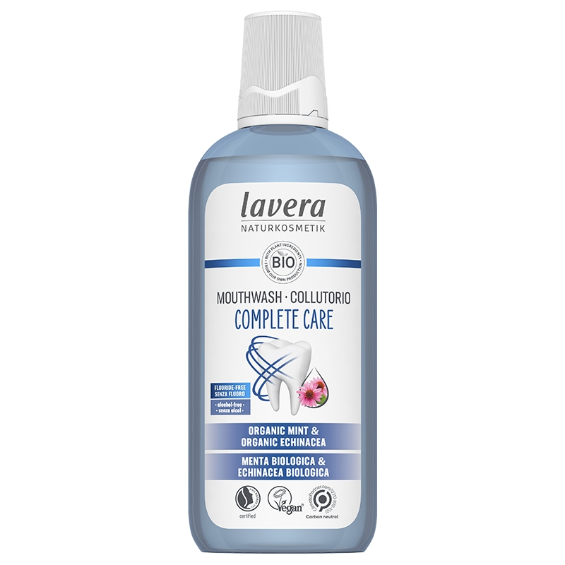 Lavera Mouthwash Complete Care . with organic mint and organic echinacea. Fluoride Free. Certified by NaTrue. Certified Vegan by the Vegan Society